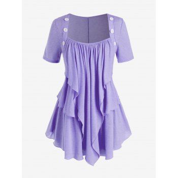 

Plus Size Layered Draped Mock Button Short Sleeve Tee, Purple