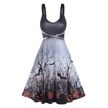 

Gothic Dress Bat Pumpkin Tree Branch Print Sequined Crossover Halloween Dress A Line Midi Dress, Black