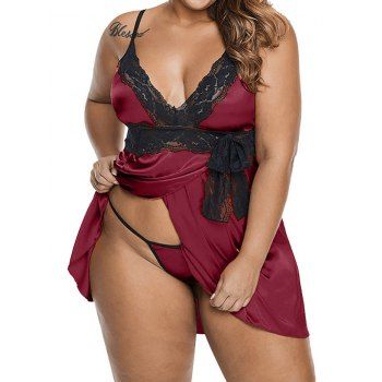 

Plus Size Lingerie Dress Lace Panel Plunging Neck Bowknot Colorblock Lingerie, Red