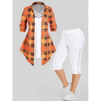 

Plus Size Plaid Print Crisscross Faux Twinset T Shirt And Lace Up Capri Leggings Casual Outfit, Multicolor