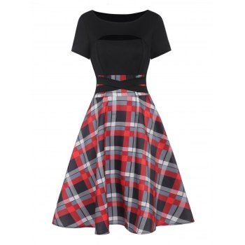 

Colorblock Dress Plaid Print Panel Cut Out Tied Back High Waisted A Line Mini Dress, Red