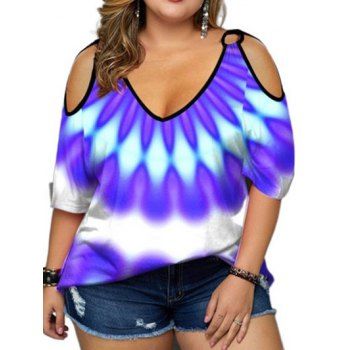 

Plus Size T Shirt Cold Shoulder T Shirt Colored Printed Casual Tee, Blue