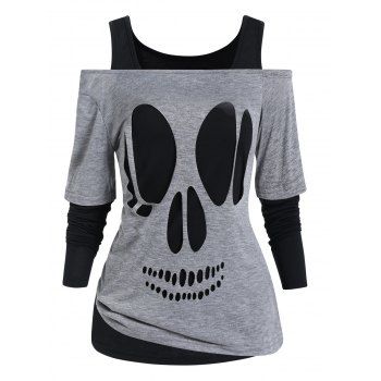 

Skull Cut Out Off The Shoulder Top And Cold Shoulder Long Sleeve Plain Color Tee Two Piece Set, Black