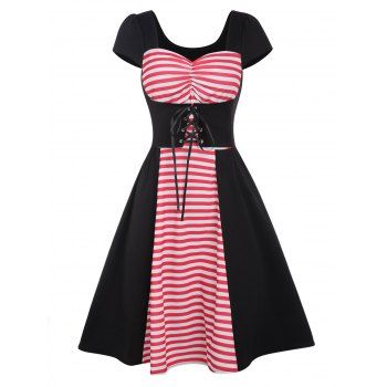 

Colorblock Dress Striped Print Ruched Lace Up High Waist A Line Mini Dress, Black