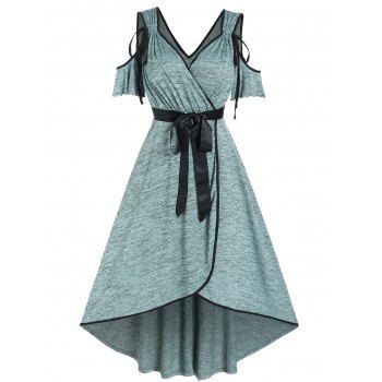 

Plus Size Dress Space-dye Cold Shoulder Surplice Cinched Overlap Belted Bowknot High Low Midi Dress, Light green