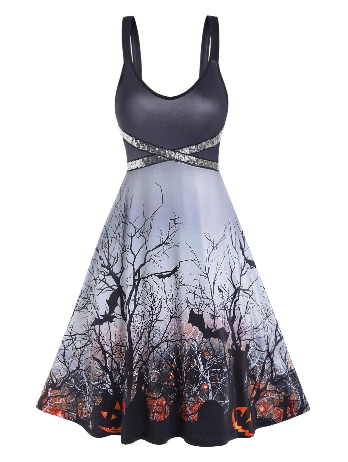Gothic Dress Bat Pumpkin Tree Branch Print Sequined Crossover Halloween Dress A Line Midi Dress - BLACK XXL