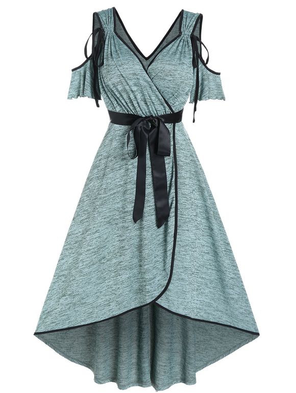Robe Mi-Longue Superposée Ceinturée Nouée Haute Basse à Epaule Dénudée de Grande Taille - Vert clair L