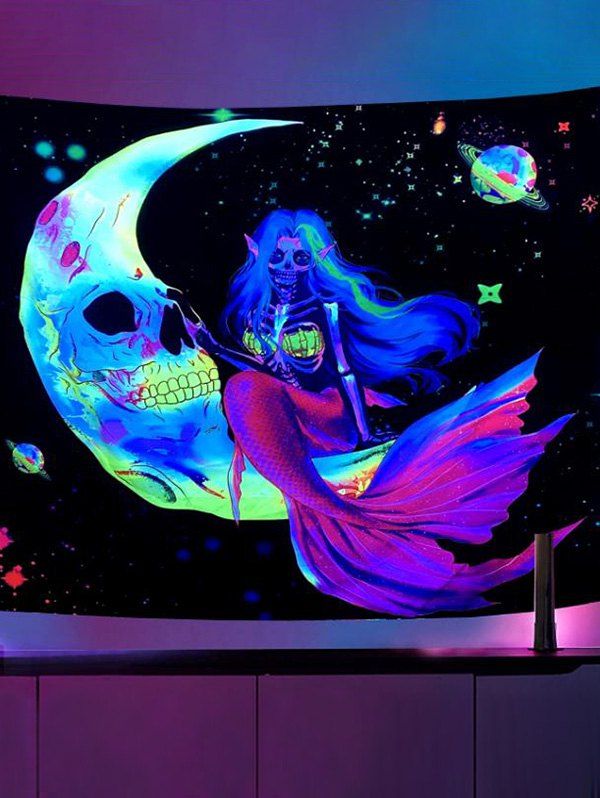 Halloween Skull Mermaid Moon Print Hanging Wall Tapestry - multicolor 