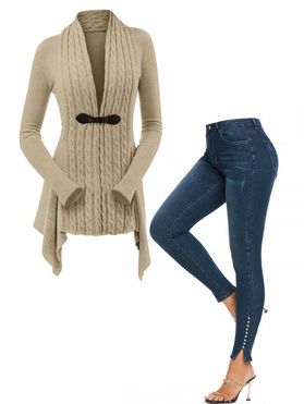 Cable Knit Buckle Asymmetrical Cardigan And Studded Slit Dark Wash Skinny Jeans Casual Outfit