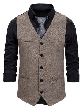 Tweed Print Waistcoat Single Breasted Mock Pocket Chain Embellishment Suit Vest