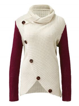 Contrast Colorblock Sweater Mock Button Asymmetrical Hem Crochet Sweater