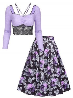 Flower Sheer Lace Panel Long Sleeve Crop Top And Skull Rose Allover Print A Line Flare Skirt Outfit