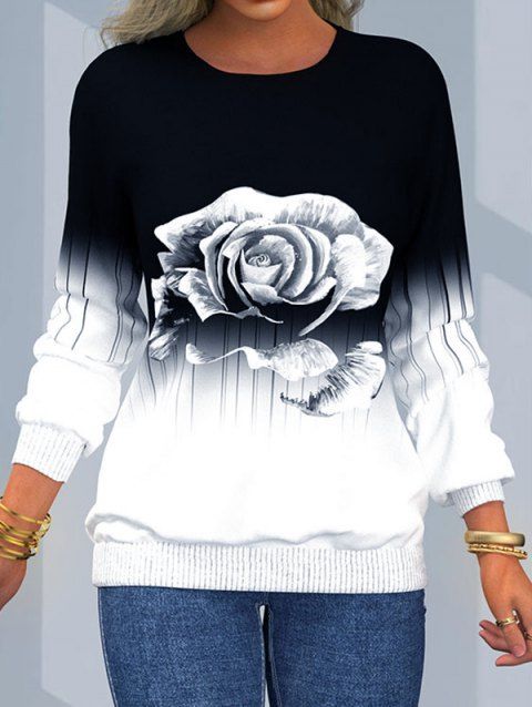 Ombre Flower Stripe Print Sweatshirt Long Raglan Sleeve Round Neck Sweatshirt