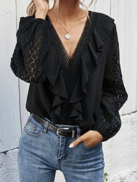 See Thru Crochet Lace Panel Long Sleeve Blouse V Neck Frilled Blouse