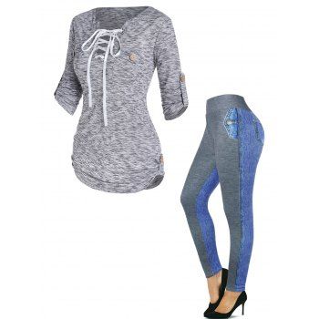

Space Dye Lace Up Casual Roll Up Sleeve T Shirt And Faux Demin Spliced 3D Print Leggings Casual Outfit, Multicolor