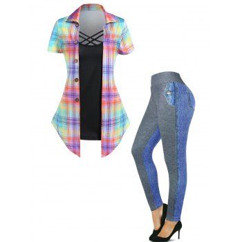 

Plaid Print Crisscross Pointed Hem Combo T Shirt And Faux Demin Spliced 3D Print Leggings Casual Outfit, Multicolor