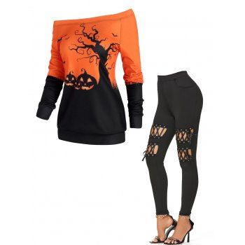 Pumpkin Face Pattern Multi Ways Sweatshirt And Lace Up Grommet Leggings Halloween Outfit