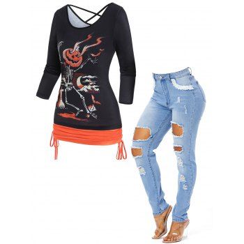 

Halloween Pumpkin Skeleton Print Colorblock Cinched Ruched Faux Twinset T-shirt And Ripped Light Wash Skinny Jeans Outfit, Multicolor