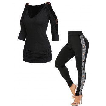 

Cold Shoulder O Ring Ruched Long T Shirt And Space Dye Insert Grommet Leggings Casual Outfit, Multicolor