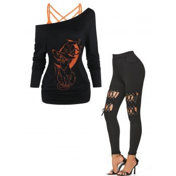 Crisscross Cami Top Moon Cat Witch Print Long Sleeve T-shirt Halloween Top And Lace Up High Rise Leggings Outfit