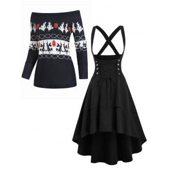 

Halloween Pumpkin Witch Geometric Graphic Knitted Off The Shoulder Top And Lace Up Layered High Low Suspender Skirt Outfit, Black