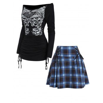 

Contrast Tribal Print Raglan Sleeve Cinched T Shirt And Plaid Print Lace Up Mini Skirt Outfit, Multicolor