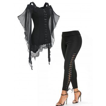 Gothic Criss Cross Lace Insert Butterfly Sleeve T-shirt And Lace Up Plain Skinny Pants Outfit