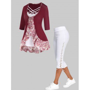 Colorblock Asymmetric Flower Print Frill Lattice Combo T Shirt And Lace Up Crop Leggings Casual Outfit