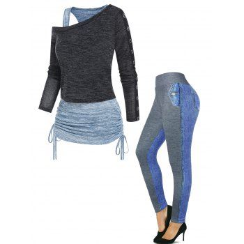 

Space Dye Cinched Cami Top Skew Neck T Shirt Set And Faux Demin Spliced 3D Print Leggings Casual Outfit, Multicolor
