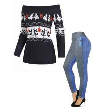 

Halloween Pumpkin Witch Geometric Graphic Knitted Off The Shoulder Top And Faux Denim 3D Print Panel High Waist Leggings Outfit, Multicolor