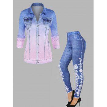 Faux Denim 3D Print Long Sleeve Ombre Top And Jeggings Two Piece Outfit