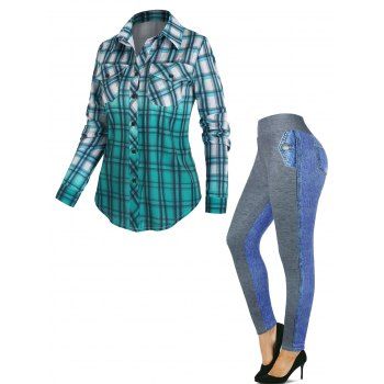 Ombre Plaid Print Pocket Patches Button Up Shirt And Faux Demin Spliced 3D Print Leggings Casual Outfit