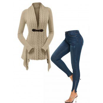 Cable Knit Buckle Asymmetrical Cardigan And Studded Slit Dark Wash Skinny Jeans Casual Outfit