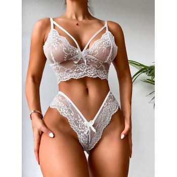 

Lace Lingerie Set Bowknot Top And High Cut Briefs See Through Lingerie Set, White