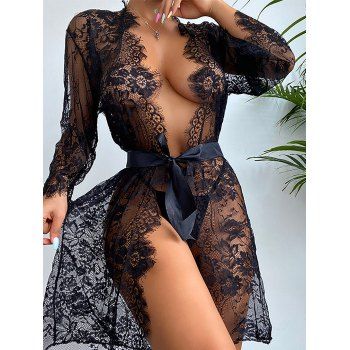

Flower Lace Lingeries Set Belted T Back See Thru Lingeries Set, Black