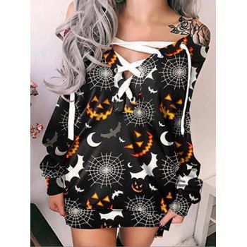 

Halloween Dress Gothic Face Spider Web Bat Print Lace Up Long Sleeve Mini Shift Dress, Black