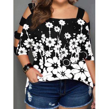 

Plus Size T Shirt Flower Print T Shirt Ladder Cut Out Casual Tee, Black