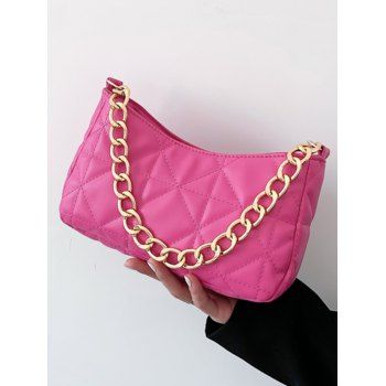 

Solid Color Geometric Quilted Zipper Chian Handbag, Rose red