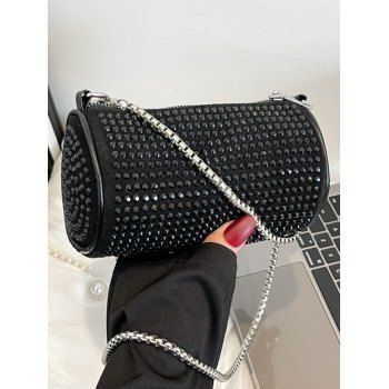 

Rhinestones Chain Zipper Cylinder Crossbody Bag, Black