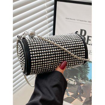 

Rhinestones Chain Zipper Cylinder Crossbody Bag, Silver