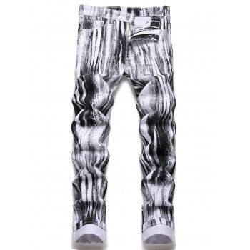 

Ink Painting Jeans Pockets Zipper Fly Straight Leg Casual Denim Pants, Black