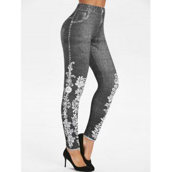 

Flower Faux Denim 3D Print Jeggings High Waist Casual Skinny Long Leggings, Black