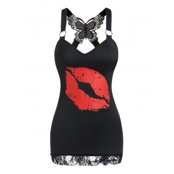 

Lip Print Butterfly Insert Tank Top V Neck O Ring Lace Trim Tank Top, Black