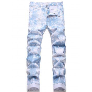 

Tie Dye Jeans Pockets Zipper Fly Glitter Straight Leg Casual Denim Pants, Light blue