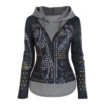 

Rivet 3D Print Faux Twinset Hoodie Half Zipper Drawstring Long Sleeve Sweatshirt With Hood, Dark gray