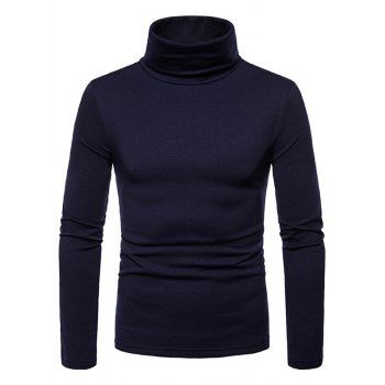 

Solid Color T Shirt Flocking Inner Turtleneck Casual Long Sleeve Tee, Cadetblue