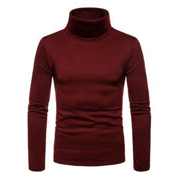 

Solid Color T Shirt Flocking Inner Turtleneck Casual Long Sleeve Tee, Red wine