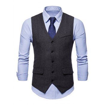 

Tweed Print Waistcoat Single Breasted Mock Pocket Suit Vest, Black