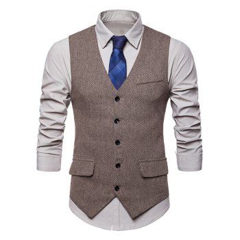 

Tweed Print Waistcoat Single Breasted Mock Pocket Suit Vest, Dark khaki