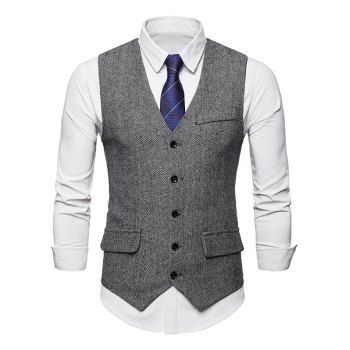 

Tweed Print Waistcoat Single Breasted Mock Pocket Suit Vest, Gray